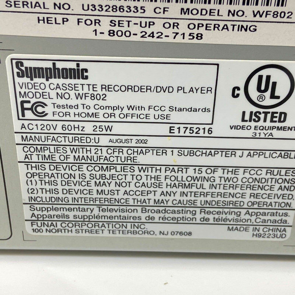 Symphonic DVD VCR Combo Hi-Fi Stereo VCR DVHS Player Model WF802 Videocassette - Picture 6 of 9